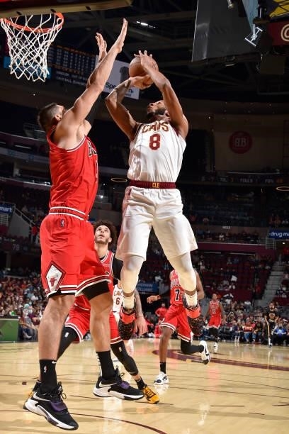 Lamar Stevens of the Cleveland Cavaliers shoots the ball during a preseason game against the Chicago Bulls on October 10, 2021 at Rocket Mortgage...