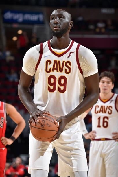 Tacko Fall of the Cleveland Cavaliers shoots a free throw during a preseason game against the Chicago Bulls on October 10, 2021 at Rocket Mortgage...