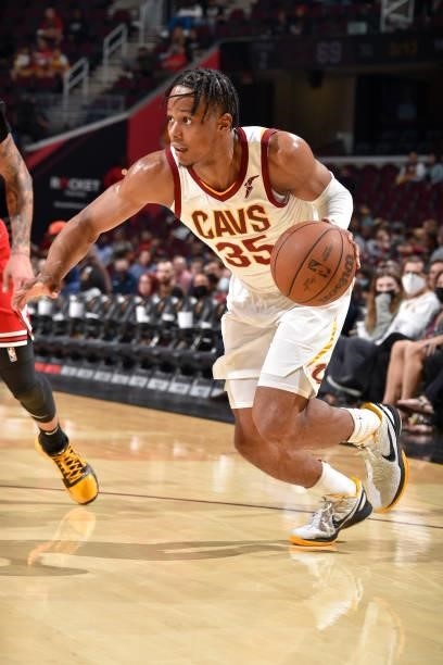 Isaac Okoro of the Cleveland Cavaliers drives to the basket during a preseason game against the Chicago Bulls on October 10, 2021 at Rocket Mortgage...