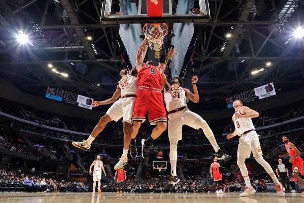Nikola Vucevic of the Chicago Bulls dunks the ball during a preseason game against the Cleveland Cavaliers on October 10, 2021 at Rocket Mortgage...