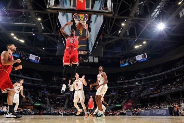 DeMar DeRozan of the Chicago Bulls dunks the ball during a preseason game against the Cleveland Cavaliers on October 10, 2021 at Rocket Mortgage...