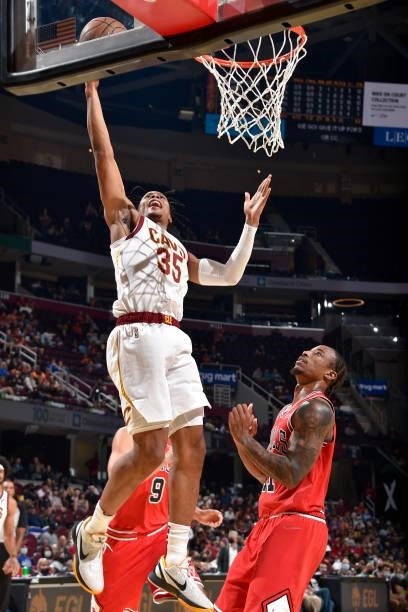 Isaac Okoro of the Cleveland Cavaliers shoots the ball during a preseason game against the Chicago Bulls on October 10, 2021 at Rocket Mortgage...