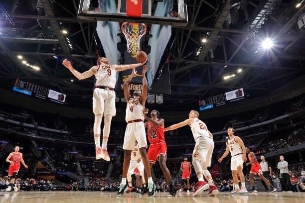 Dylan Windler of the Cleveland Cavaliers catches the rebound during a preseason game against the Chicago Bulls on October 10, 2021 at Rocket Mortgage...