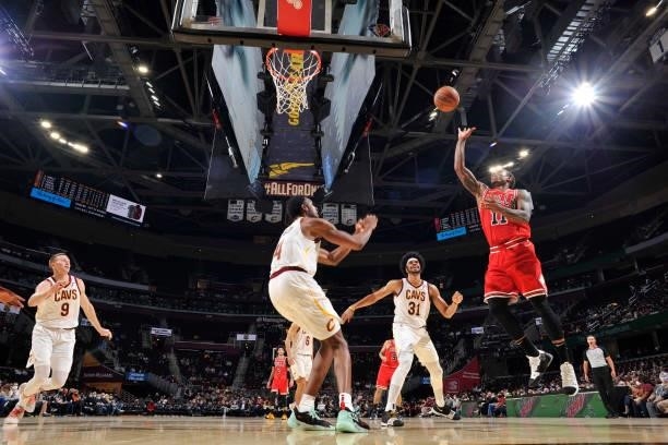 DeMar DeRozan of the Chicago Bulls shoots the ball during a preseason game against the Cleveland Cavaliers on October 10, 2021 at Rocket Mortgage...