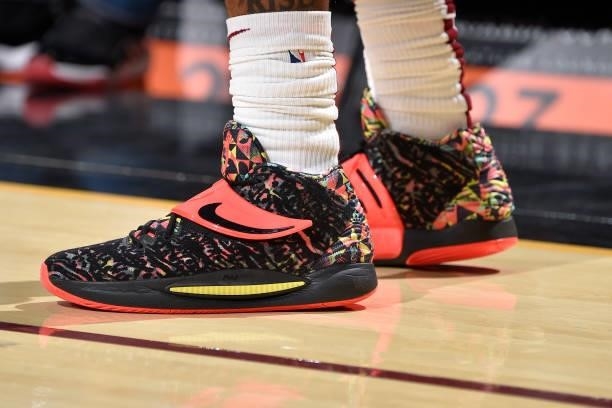 The sneakers worn by Lamar Stevens of the Cleveland Cavaliers during a preseason game against the Chicago Bulls on October 10, 2021 at Rocket...
