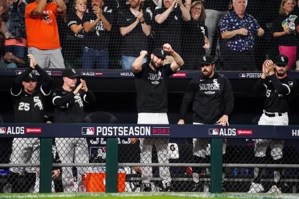 Members of the Chicago White Sox react during Game 3 of the ALDS between the Houston Astros and the Chicago White Sox at Guaranteed Rate Field on...
