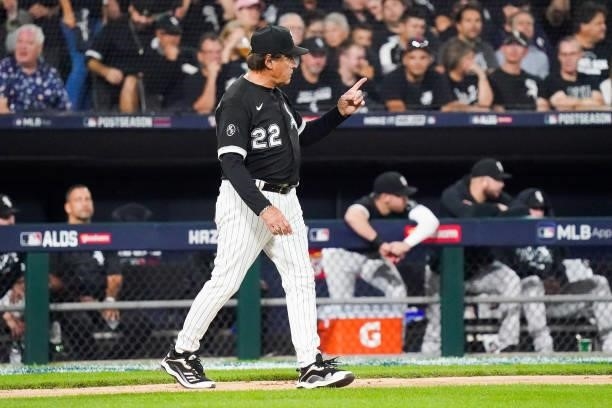 Tony La Russa of the Chicago White Sox signals to the bullpen in the second inning during Game 3 of the ALDS between the Houston Astros and the...