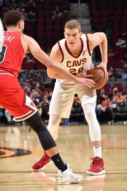 Lauri Markkanen of the Cleveland Cavaliers handles the ball during a preseason game against the Chicago Bulls on October 10, 2021 at Rocket Mortgage...