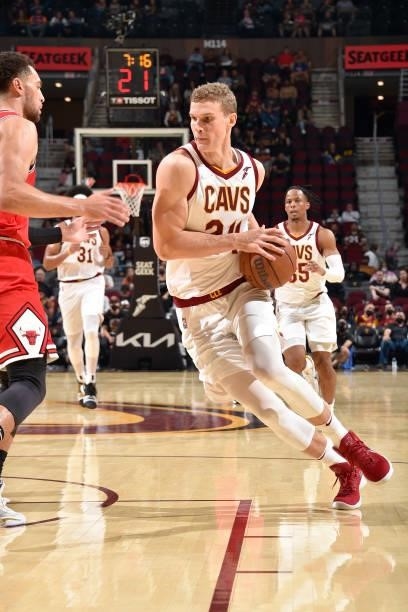 Lauri Markkanen of the Cleveland Cavaliers drives to the basket during a preseason game against the Chicago Bulls on October 10, 2021 at Rocket...
