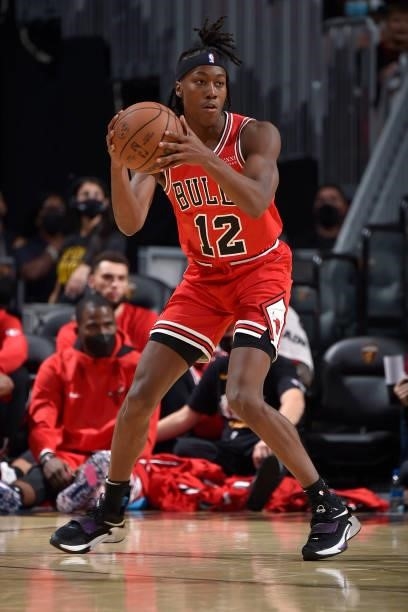 Ayo Dosunmu of the Chicago Bulls handles the ball during a preseason game against the Cleveland Cavaliers on October 10, 2021 at Rocket Mortgage...