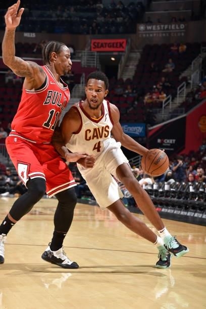 Evan Mobley of the Cleveland Cavaliers drives to the basket during a preseason game against the Chicago Bulls on October 10, 2021 at Rocket Mortgage...