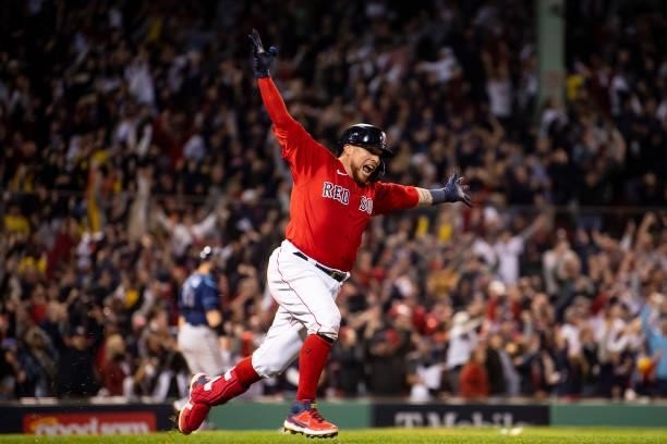 Christian Vazquez of the Boston Red Sox reacts after hitting a game winning walk-off two run home run during the thirteenth inning of game three of...