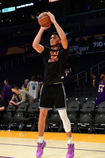 Devin Booker of the Phoenix Suns warms up before the preseason game against the Los Angeles Lakers on October 10, 2021 at STAPLES Center in Los...