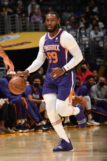Jae Crowder of the Phoenix Suns dribbles the ball during a preseason game against the Los Angeles Lakers on October 10, 2021 at STAPLES Center in Los...