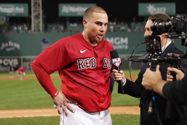 Christian Vázquez of the Boston Red Sox gives a post-game interview after hitting a walk-off home run in the 13th inning to give the Red Sox a 6-4...