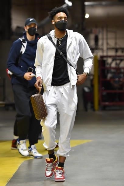 Derrick Jones Jr. #5 of the Chicago Bulls arrives to the arena prior to a preseason game against the Cleveland Cavaliers on October 10, 2021 at...
