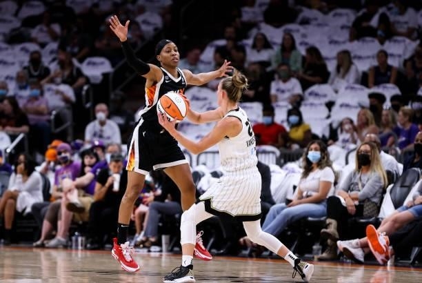 Shey Peddy of the Phoenix Mercury guards Courtney Vandersloot of the Chicago Sky in the first half at Footprint Center on October 10, 2021 in...
