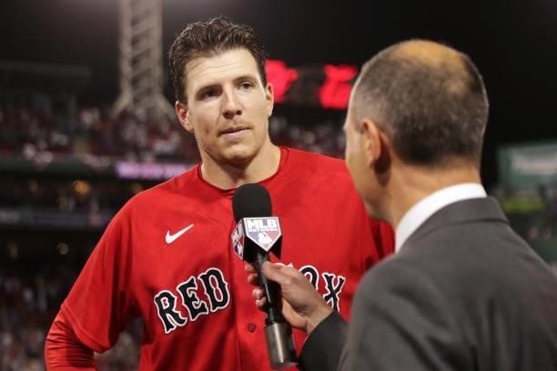 Nick Pivetta of the Boston Red Sox gives a post-game interview after a 6-4 win in Game 3 of the ALDS between the Tampa Bay Rays and the Boston Red...