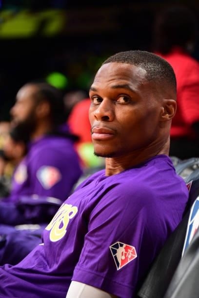 Russell Westbrook of the Los Angeles Lakers looks on before the preseason game against the Phoenix Suns on October 10, 2021 at STAPLES Center in Los...
