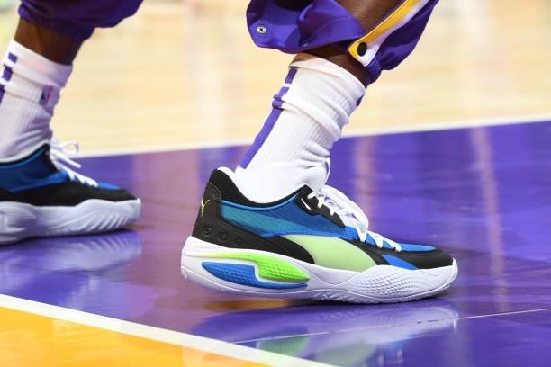 The sneakers worn by Rajon Rondo of the Los Angeles Lakers during a preseason game against the Phoenix Suns on October 10, 2021 at STAPLES Center in...