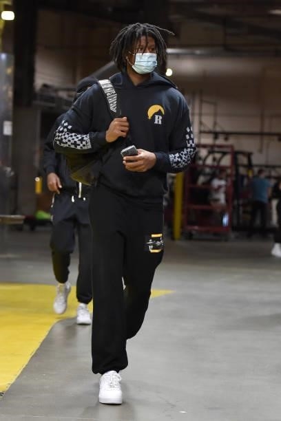 Daniel Oturu of the Chicago Bulls arrives to the arena prior to a preseason game against the Cleveland Cavaliers on October 10, 2021 at Rocket...