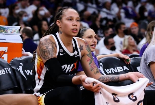 Brittney Griner and Diana Taurasi of the Phoenix Mercury reacts to a foul call in the second half during the game against the Chicago Sky at...