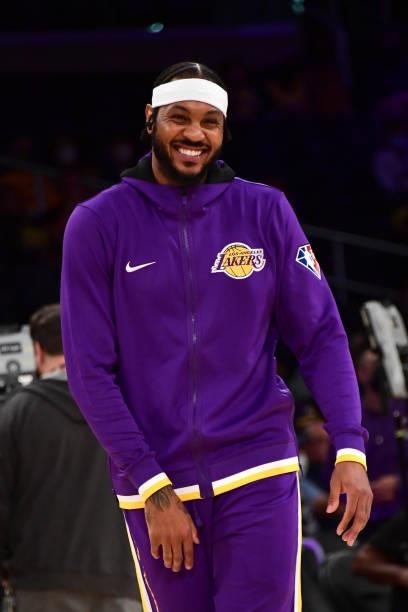 Carmelo Anthony of the Los Angeles Lakers smiles before the preseason game against the Phoenix Suns on October 10, 2021 at STAPLES Center in Los...