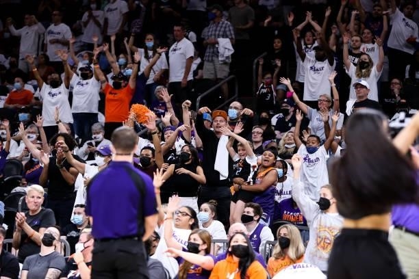 Fans react in the second half during the game between the Phoenix Mercury and the Chicago Sky at Footprint Center on October 10, 2021 in Phoenix,...