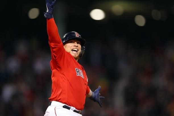 Christian Vázquez of the Boston Red Sox reacts after hitting a walk-off home run in the 13th inning during Game 3 of the ALDS between the Tampa Bay...