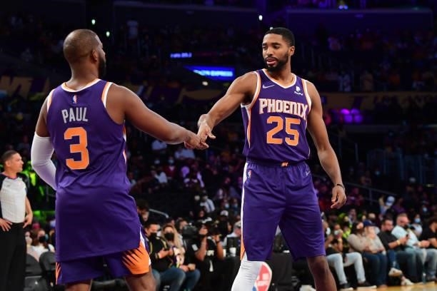 Mikal Bridges of the Phoenix Suns before the preseason game against the Los Angeles Lakers on October 10, 2021 at STAPLES Center in Los Angeles,...