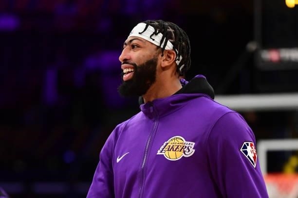 Anthony Davis of the Los Angeles Lakers smiles before the preseason game against the Phoenix Suns on October 10, 2021 at STAPLES Center in Los...