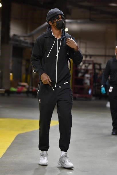 Alize Johnson of the Chicago Bulls arrives to the arena prior to a preseason game against the Cleveland Cavaliers on October 10, 2021 at Rocket...