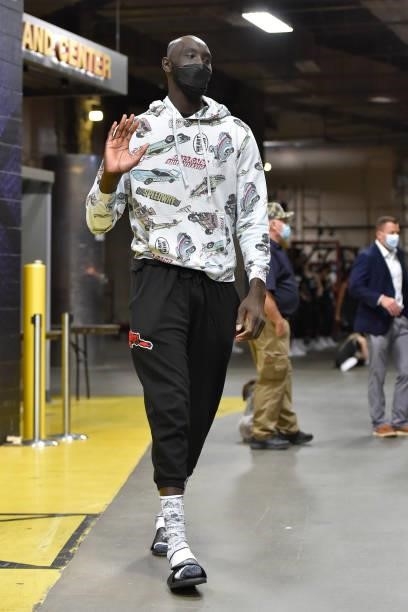 Tacko Fall of the Cleveland Cavaliers arrives to the arena prior to a preseason game against the Chicago Bulls on October 10, 2021 at Rocket Mortgage...