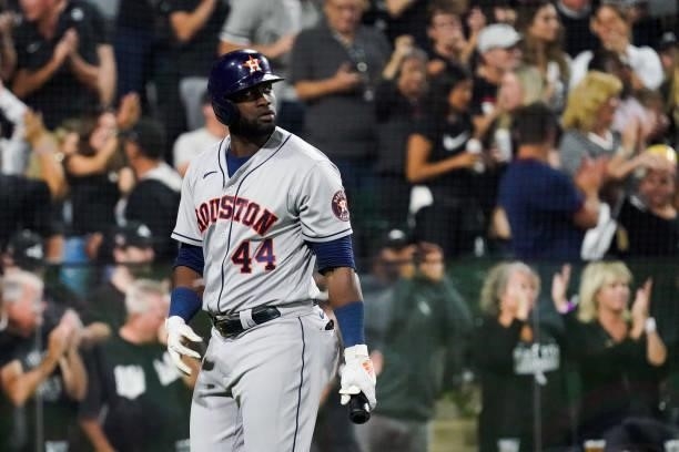 Yordan Alvarez of the Houston Astros looks on after striking out in the fourth inning during Game 3 of the ALDS between the Houston Astros and the...