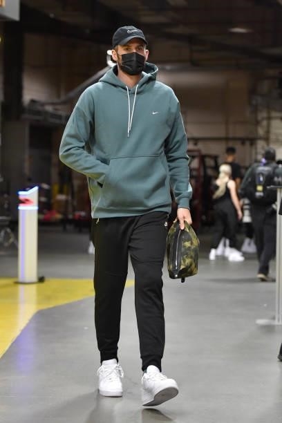 Kevin Love of the Cleveland Cavaliers arrives to the arena prior to a preseason game against the Chicago Bulls on October 10, 2021 at Rocket Mortgage...