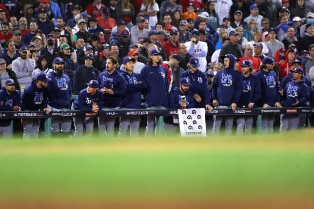 View of the Rays dugout in the 13th inning during Game 3 of the ALDS between the Tampa Bay Rays and the Boston Red Sox at Fenway Park on Sunday,...