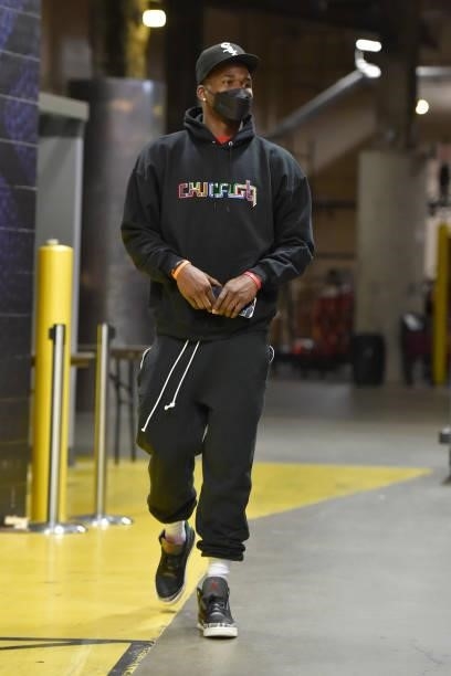 Javonte Green of the Chicago Bulls arrives to the arena prior to a preseason game against the Cleveland Cavaliers on October 10, 2021 at Rocket...