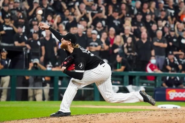 Michael Kopech of the Chicago White Sox pitches during Game 3 of the ALDS between the Houston Astros and the Chicago White Sox at Guaranteed Rate...