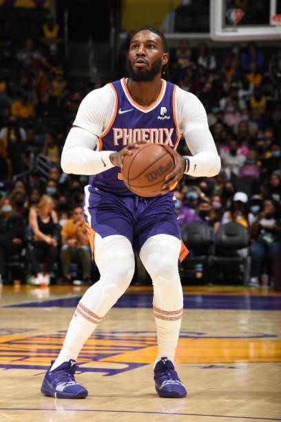 Jae Crowder of the Phoenix Suns shoots the ball during a preseason game against the Los Angeles Lakers on October 10, 2021 at STAPLES Center in Los...