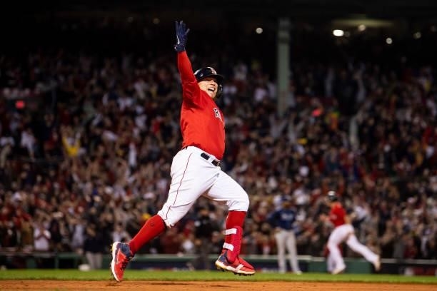Christian Vazquez of the Boston Red Sox reacts after hitting a game winning walk-off two run home run during the thirteenth inning of game three of...