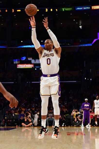 Russell Westbrook of the Los Angeles Lakers shoots the ball during a preseason game against the Phoenix Suns on October 10, 2021 at STAPLES Center in...