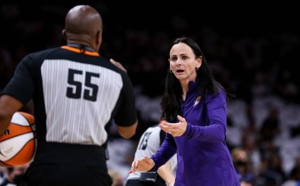Phoenix Mercury head coach Sandy Brondello reacts to a call in the first half during the game against the Chicago Sky at Footprint Center on October...