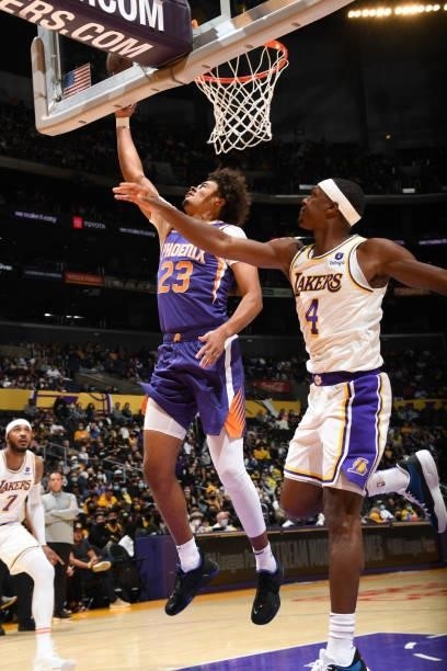 Cameron Johnson of the Phoenix Suns shoots the ball during a preseason game against the Los Angeles Lakers on October 10, 2021 at STAPLES Center in...