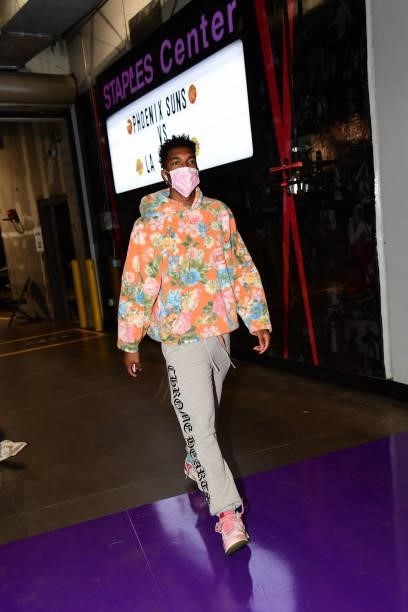 Malik Monk of the Los Angeles Lakers arrives before the preseason game against the Phoenix Suns on October 10, 2021 at STAPLES Center in Los Angeles,...