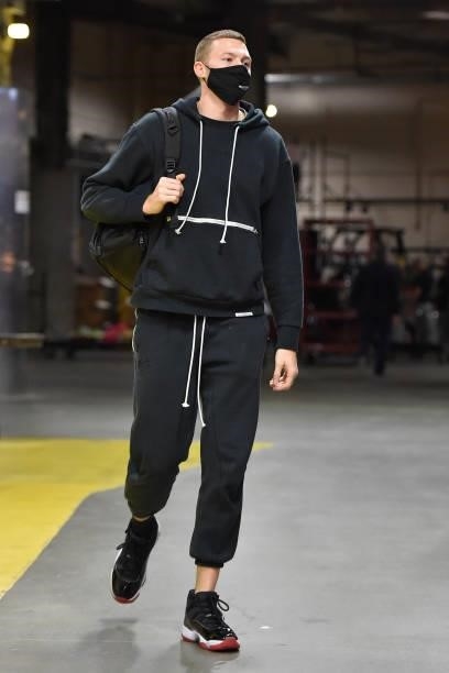 Dylan Windler of the Cleveland Cavaliers arrives to the arena prior to a preseason game against the Chicago Bulls on October 10, 2021 at Rocket...