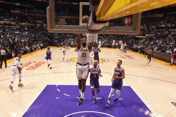 DeAndre Jordan of the Los Angeles Lakers dunks the ball during a preseason game against the Phoenix Suns on October 10, 2021 at STAPLES Center in Los...