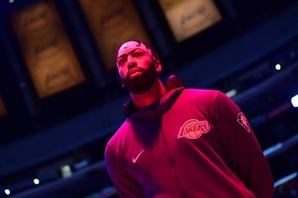Anthony Davis of the Los Angeles Lakers looks on before the preseason game against the Phoenix Suns on October 10, 2021 at STAPLES Center in Los...