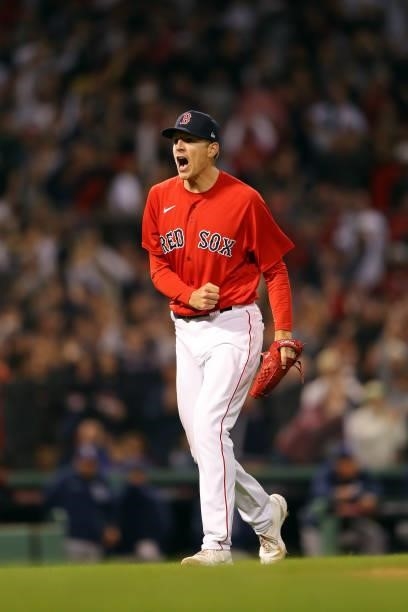 Nick Pivetta of the Boston Red Sox reacts in the 13th inning during Game 3 of the ALDS between the Tampa Bay Rays and the Boston Red Sox at Fenway...