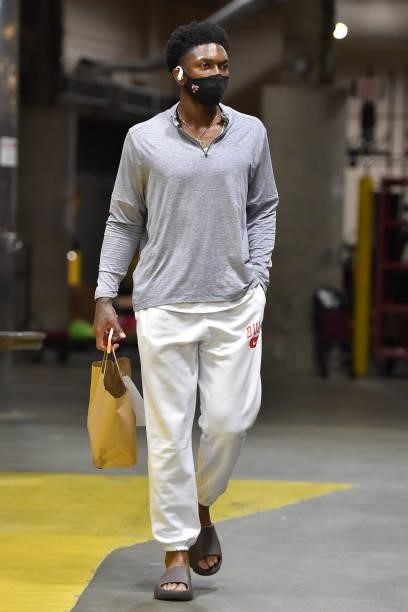 Stanley Johnson of the Chicago Bulls arrives to the arena prior to a preseason game against the Cleveland Cavaliers on October 10, 2021 at Rocket...