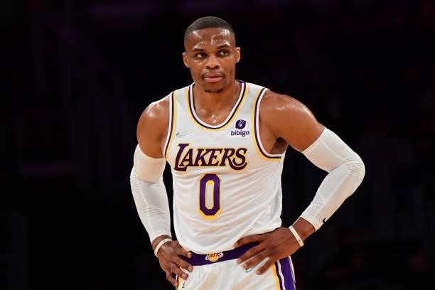 Russell Westbrook of the Los Angeles Lakers looks on during a preseason game against the Phoenix Suns on October 10, 2021 at STAPLES Center in Los...
